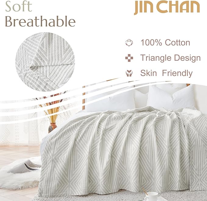 jinchan Boho 100% Cotton Blanket Muslin 50x60 Inches Lightweight 3-Layer Geometric Triangle Striped Pattern Reversible Quilt Throw Soft Breathable Comfy All Seasons for Couch Bed Decor, Light Grey