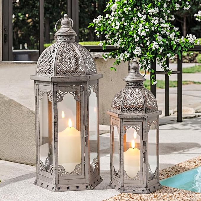JHY DESIGN Set of 2 Decorative Candle Lanterns 22"&17" H Vintage Metal Candle Holder for Garden Indoor Outdoor Parties Weddings Patio Home Decor(Grey with Black Brush)