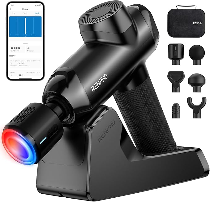RENPHO Power Massage Gun Deep Tissue, Percussion Muscle Massage Gun for Athletes, Powerful Portable Electric Handheld Deep Tissue Massager Gun, LED Touch Display (Power+ THERMACOOL Deluxe)