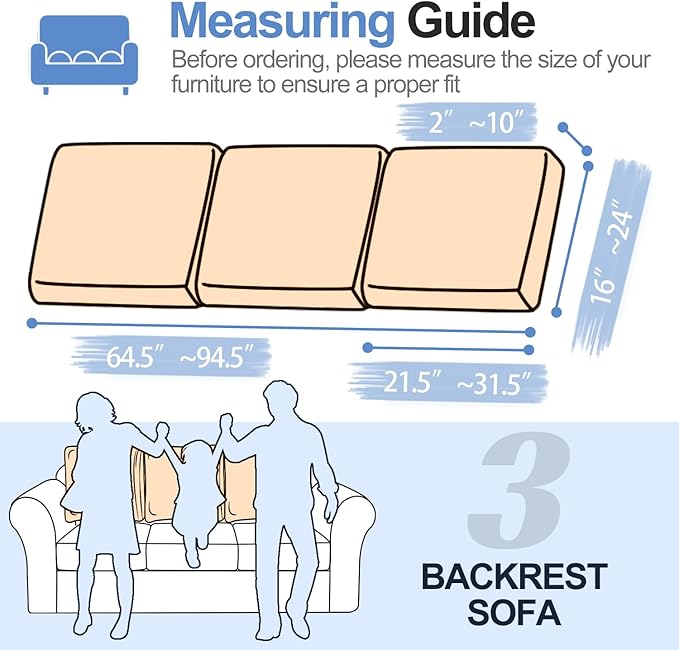 Large Backrest Cushion Covers Super Stretch Backrest Covers for 3 Cushion Couch Sofa, Couch Back Cushion Covers Featuring with Chenille Yarn (Softer Version, 3PC, Khaki)