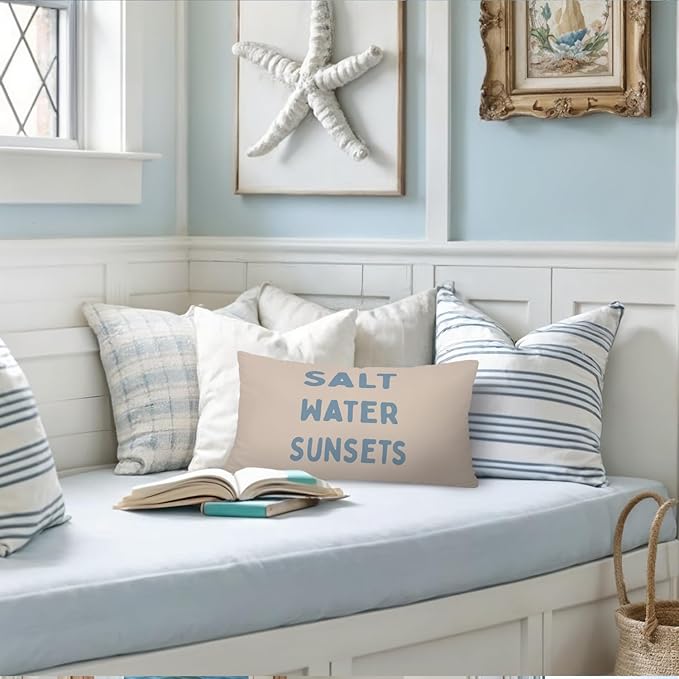 Coastal Beach Room Decor 12x20 Pillow Cover, Salt Water Sunsets Coastal Beachy Decorative Lumbar Pillow Covers for Girls Boys Bedroom College Dorm Sofa Couch