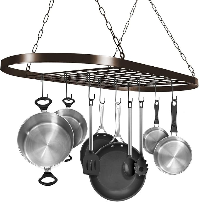 Sorbus Pot and Pan Rack for Ceiling 31" with 10 S Hooks — Decorative Oval Mounted Storage Rack — Multi-Purpose Organizer Great for Home, Restaurant, Kitchen Cookware, Utensils, Books, (Bronze)