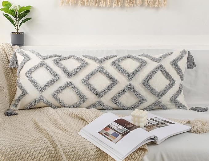 PANOD Decorative Long Lumbar Pillow Cover 12x36 Boho,Super Soft Chenille Extra Long Lumbar Pillow Case Cover with Tassel for Bed Sofa Couch Farmhouse Livingroom,Grey,Modern Skinny