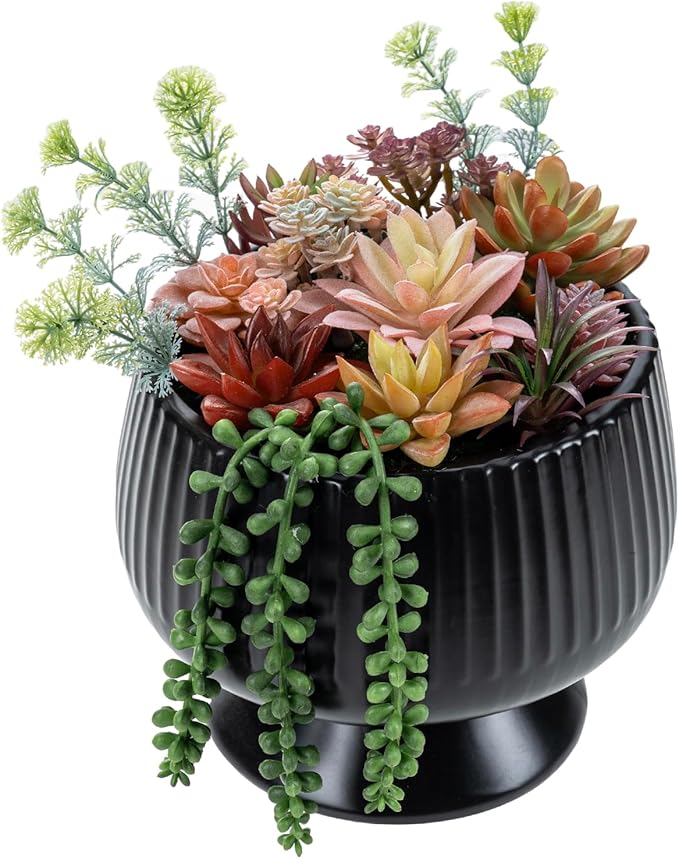 MyGift 10 Inch Modern Artificial Succulent Arrangement Potted in Matte Black Ribbed Ceramic Round Planter, Decorative Plant Pot with Assorted Faux Mini Succulents