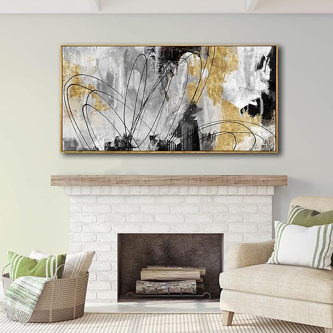 YJYart Abstract Wall Art Office Decor Gold Wall Decor for Living Room Black and White Artwork Line Art Frame Room Decor for Bedroom 24X48 Inch