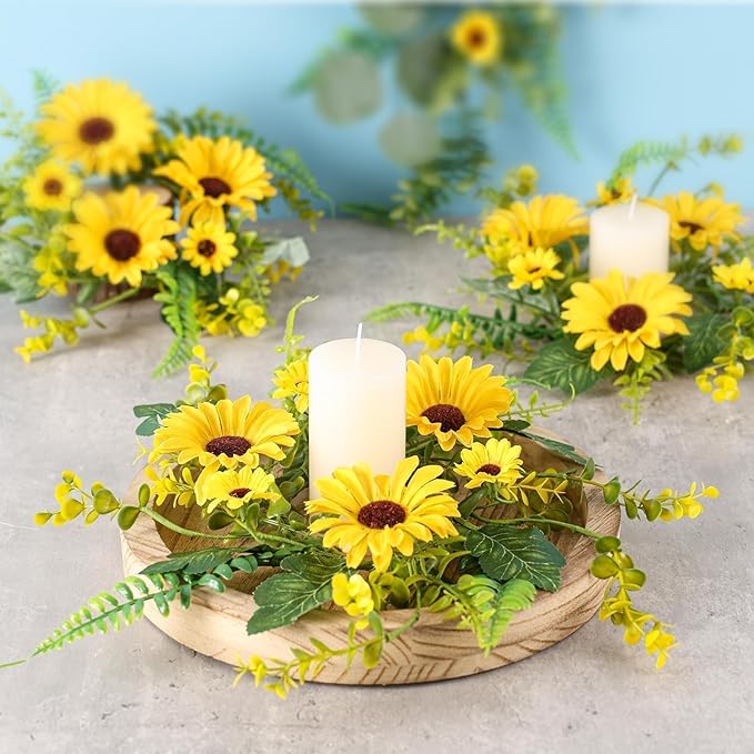 6 Pcs Mini Sunflower Wreath for Front Door Artificial Sunflower Spring Summer Swag Wreath Fake Yellow Floral Candle Rings Wreaths for Pillars Cabinets Window Home Wall Décor