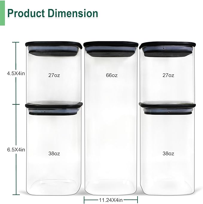 Urban Green Glass Jars with Black Bamboo Lids, food storage sets with airtight black lids, Glass Canisters Sets, Kitchen Organizing Jars (5 Sets of 27oz, 38oz, 66oz)