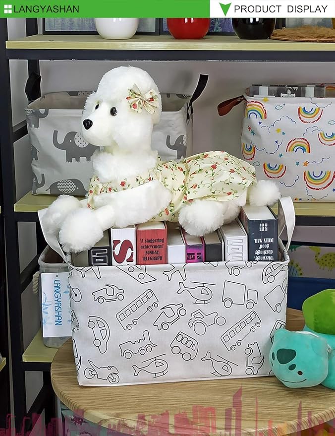 LANGYASHAN Rectangular Storage Bin Collapse Canvas Fabric Cartoon Storage Basket with Handles for Organizing Home Kitchen Boys and Girls Toys Office Closet Shelf Baskets (Rec Vehicle)