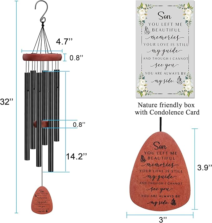 Memgift Memorial Wind Chime for Loss of Son - Outdoor Sympathy Gift for Bereavement - 32 Inch Remembrance Chime - Garden, Patio & Yard Wind Chimes for Loved One