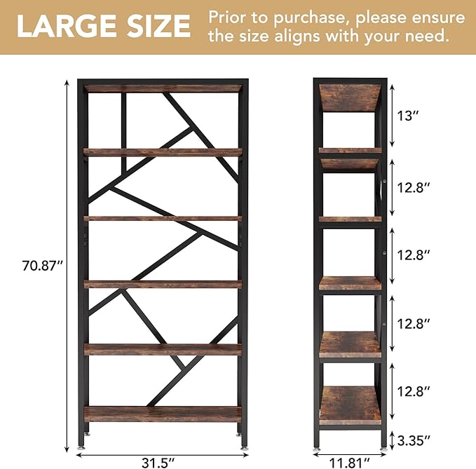 Tribesigns 71 Inch Industrial Bookshelf, 6 Shelf Etagere Bookcase, Free Standing Open Book Shelves Storage Display Shelf, Wood Shelving Units Organizer Rack for Bedroom Home Office Living Room