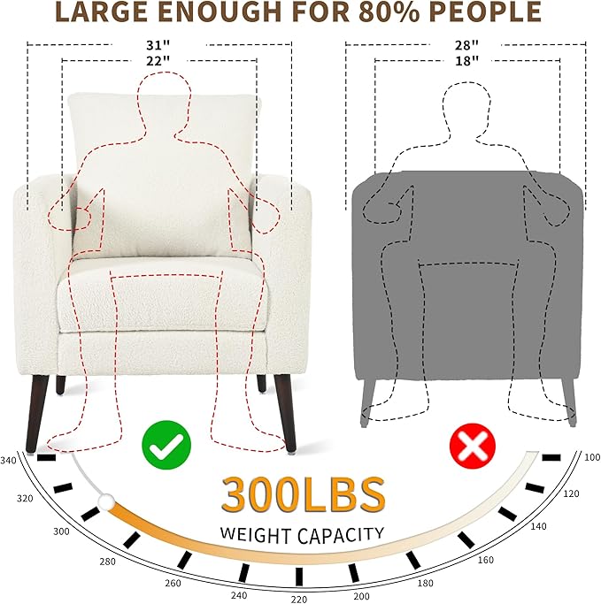 Barrel Accent Chair with Back Pillow, Large Teddy Upholstered Armchair with Solid Wood Legs Modern Reading Chairs for Living Room Bedroom