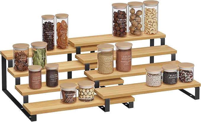 SONGMICS Display Risers, Set of 2 Engineered Wood Perfume Organizer Stand, 4-Tier Cupcake Stand Holder, Spice Rack, Shelf Risers for Figures, Dessert Shelves, Natural Beige and Ink Black UKCS216N01