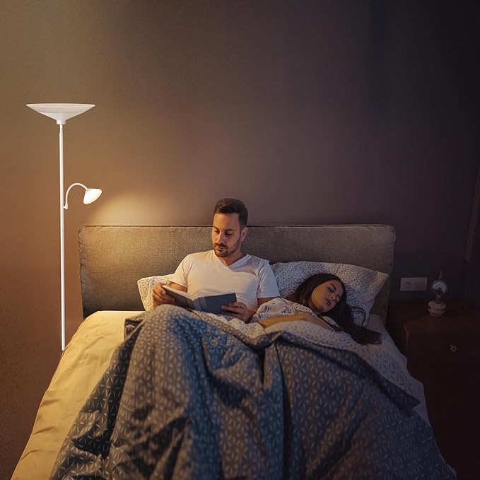 Upgraded 2-Light Torchiere Floor Lamp - 34W Color Changing Standing Lamp with Remote, Rotatable Floor Reading Light, Modern Standing Light with for Living Room Bedroom Office, White