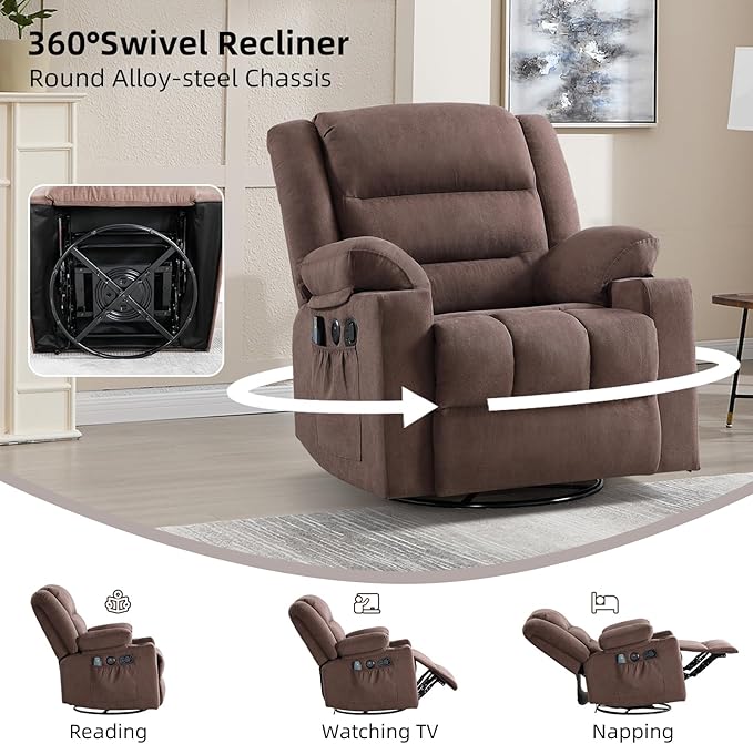 Rocker Recliner Chair with Heat and Massage, 360° Swivel Recliner Chairs for Adults, Heavy Duty Reclining Sofa Chair with USB Port Cup Holders Side Pockets for Living Room (Brown)