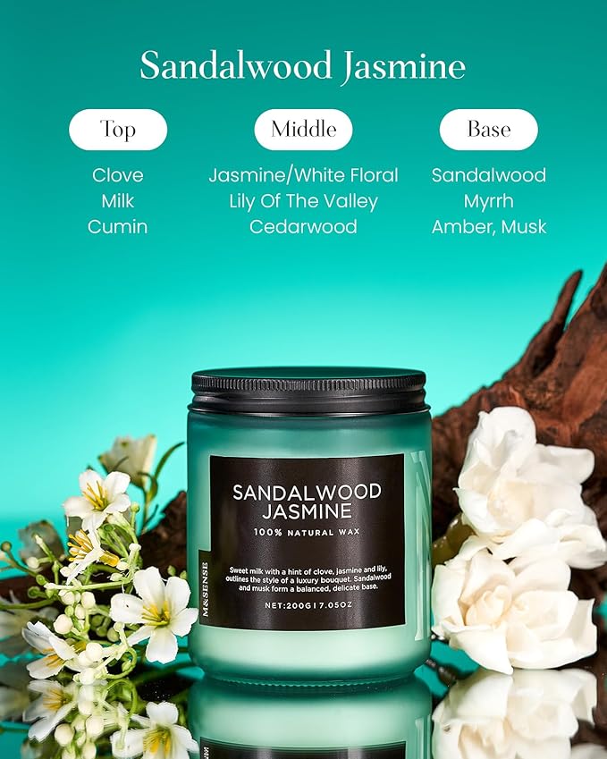 M&SENSE Sandalwood Jasmine Scented Candles, Natural Soy Wax Best Smelling Candle 7.05oz 50 Hour Burning，Floral Non Toxic Single Cotton Wick Aromatherapy Gifts for Women Friend