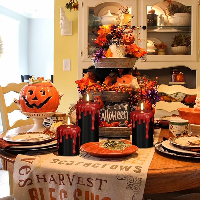 Wondise Halloween Flameless Candles with 6H Timer, Battery Operated Dripping Real Wax Black LED Pillar Candles 3D Wick Flickering Spooky Halloween Indoor Decoration (3 Pack, 3 x 4,5,6 Inches)