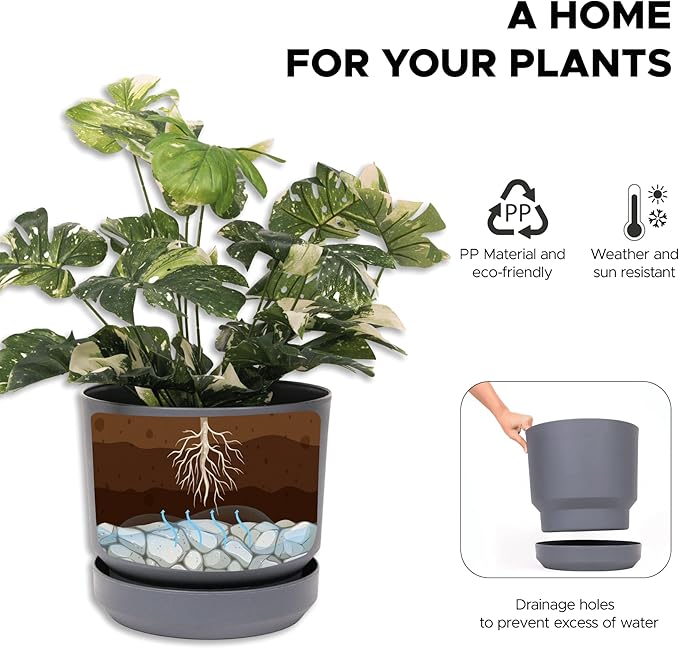 Elly Décor 10 inch Plastic Cylinder Planter Pot with Self-Watering Saucer and Drainage Hole,Lightweight & Extremely Durable, 10"x 10", Light Gray