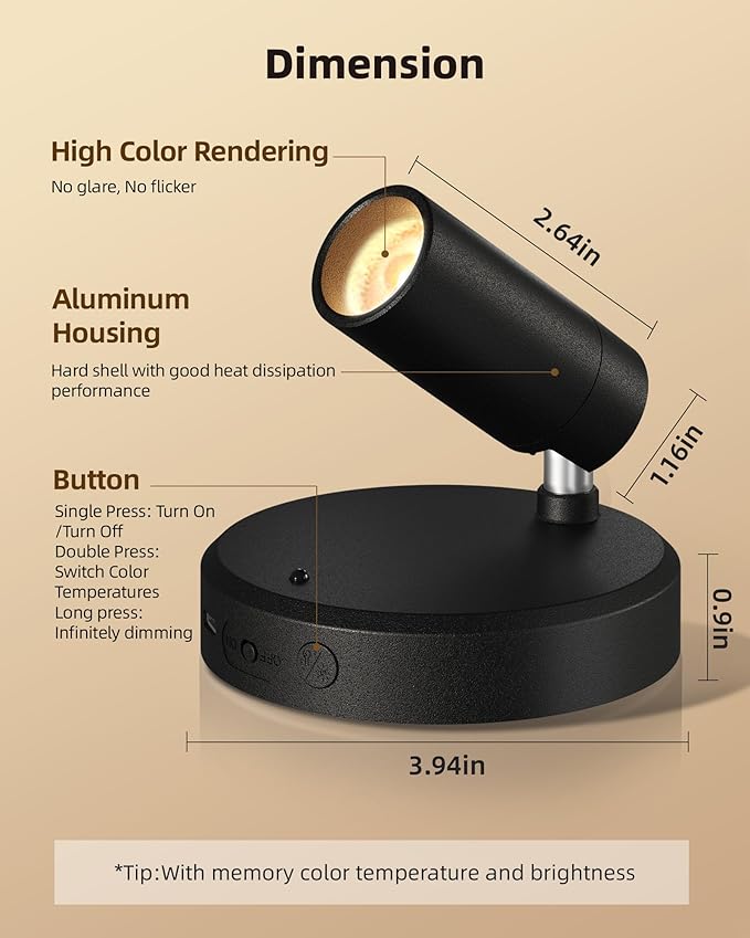 EZVALO Spotlights Indoor with Remote,5500mAh Rechargeable Picture Lights, Wireless LED Uplighting with Timer＆Dimmable, 3CCT,Mini Plant Spot Lights for Painting,Artwork,Accent Lighting(4Pack-Black)