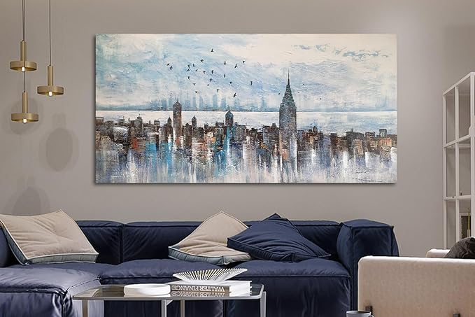 Arjun Cityscape Wall Art New York City Skyline Buildings Picture Modern Abstract Grey NYC Skyline Birds City View Painting Framed Artwork for Bedroom Living Room Home Office Decor Extra Large 58"x29"