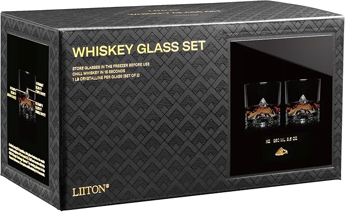 K2 Nepalese Heavy Crystal Whiskey Glasses Gift Set of 2, Thick Freezable Bourbon Glass 1lb Each, Premium Whiskey Gifts for Men, Frozen Crystal Chills Cocktails, 10 oz