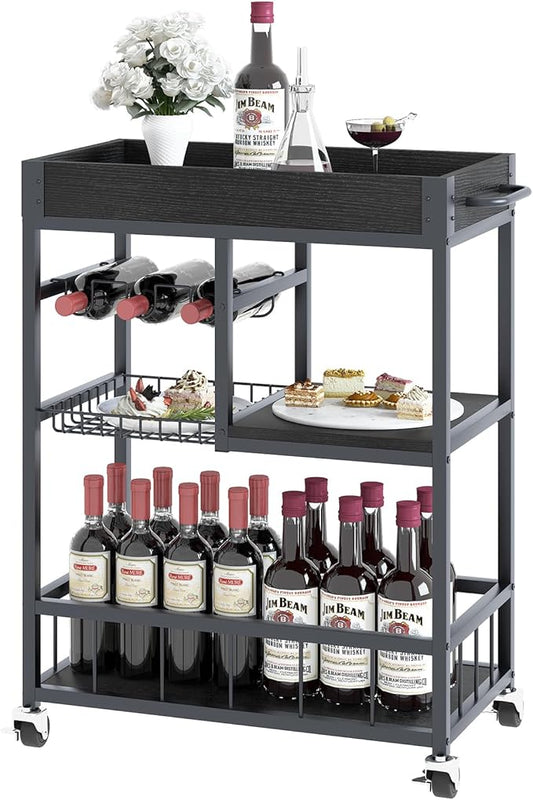 Bar Cart with Basket 3 Tiers Home Rolling Wine Rack with Wheels Mobile Kitchen Industrial Vintage Style Wood Metal Serving Trolley Serving Cart,Black Frame Home Kitchen Shelf for Party