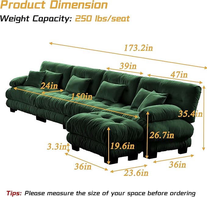 Modular Sectional Sofa, Comfy Cloud Couch 4 Seater Couch with Ottoman, Sectional Couches for Living Room, Modern Chenille L Shaped Couches, Sleeper Deep Seat Sofa with Throw Pillows, Green