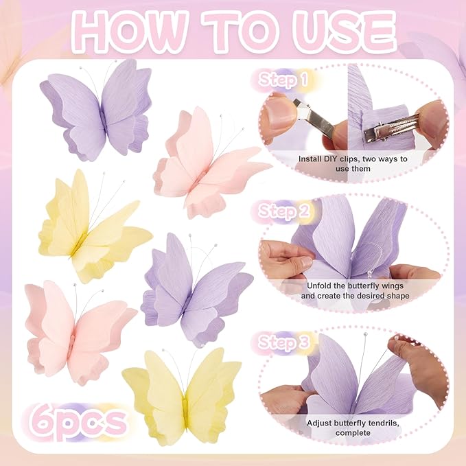 SUNBEAUTY Butterfly Party Decorations Hanging Butterfly Decorations 6Pcs Crepe Paper Garden 3D Butterflies Decor Pastel Paper Butterflies Decoration for Wedding Baby Shower Birthday Party Room Decor