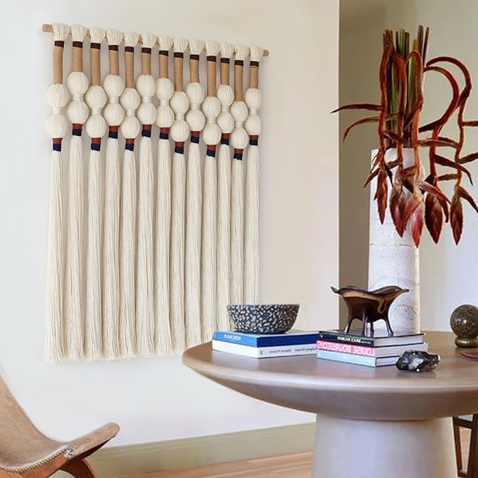 Macrame Wall Hanging Boho Wall Art Handmade Spherical Knot Design with Tassel Fringe, Boho Decor for Bedroom Living Room, for Home Decoration 27" W x 33" L
