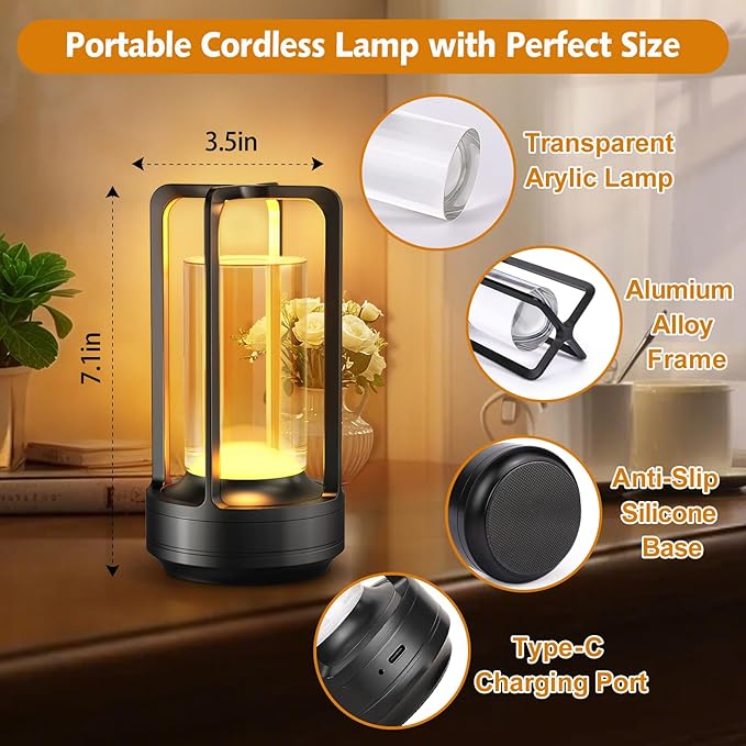 Portable Table Lamp for Outdoor Indoor: Cordless Rechargeable Desk Lamp with 3 Color Stepless Dimmable - Metal Battery Operated Small Lantern Light for Restaurant/Bedroom/Bar/Coffee Shop/Camping