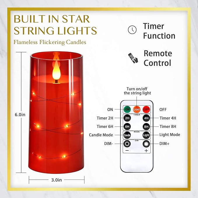 NURADA Flickering Flameless Candles: Built-in Star String Lights Battery Operated LED Pillar Candles with Remote and Timer Romantic Decorations for Wedding Party Christmas Halloween - Red 2 Pack