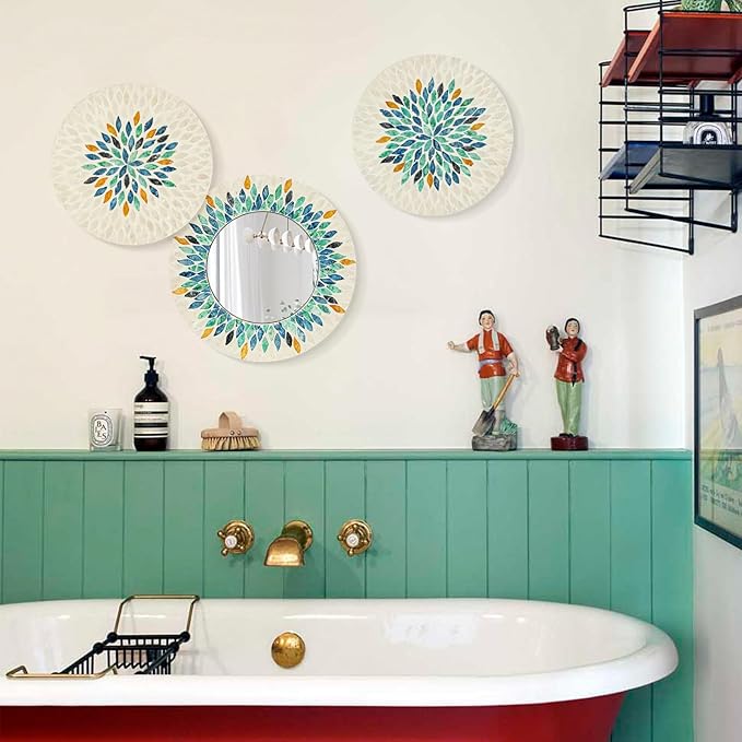 TEIPAI Jewel-Tone Mother of Pearl Mirror Wall Decor for Living Room, 3PCS Handmade Round Wall Art for Home Guest Room Decoration, Unique Mosaic Art Gift for Birthday Wedding Housewarming (Colored)