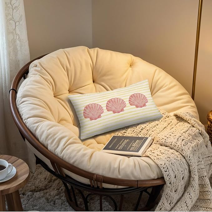 Coastal Girly Room Decor 12x20 Pillow Cover, Preppy Beach Pink Seashell Yellow Striped Decorative Lumbar Pillow Covers for Girls Bedroom College Dorm Sofa Couch