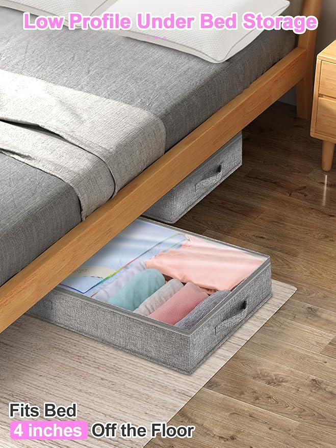 punemi 4pcs Under Bed Storage Containers, Below 4 Inches Tall Low Profile Underbed Storage, NO STRUCTURE, Soft Foldable Underbed Cloth Storage Bags, Zipper Blanket Storage Container, 20x40x3.7in