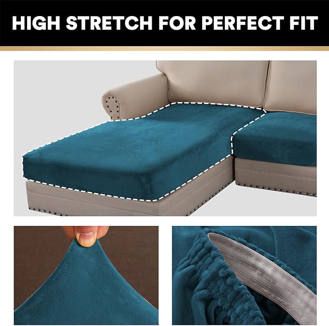 PrinceDeco Sectional Couch Covers 4 Pieces Couch Covers for Sectional Sofa Velvet Separate Sectional Couch Covers L Shape for Left/Right Chaise Sectional Couch(3 Seater + 1 Chaise,Deep Teal)