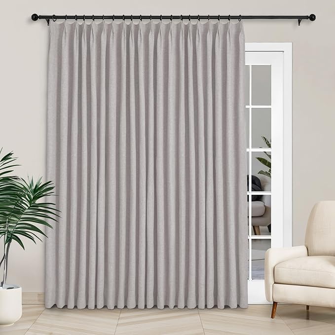 Macochico 100”Wx96”L Pinch Pleated 100% Blackout Linen Curtains Thermal Sliding Curtains for Bedroom Living Room Sliding Glass Door Farmhouse Shabby Chic Browish Grey Drapery with Tieback 1 Panel
