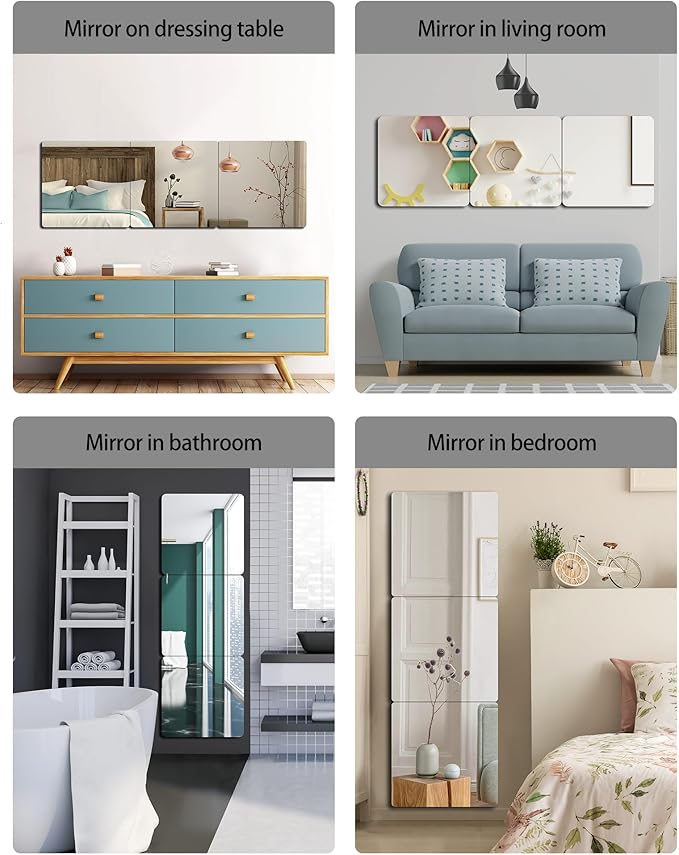 Unbreakable Wall Mirror Full Length,Over the Door Mirror for Bedroom,4Pcs 10inchx10inch Acrylic Mirror Kids,Shatterproof Plexiglass Long Mirrors,Children Non Glass Stick on Mirrors Tiles self adhesive