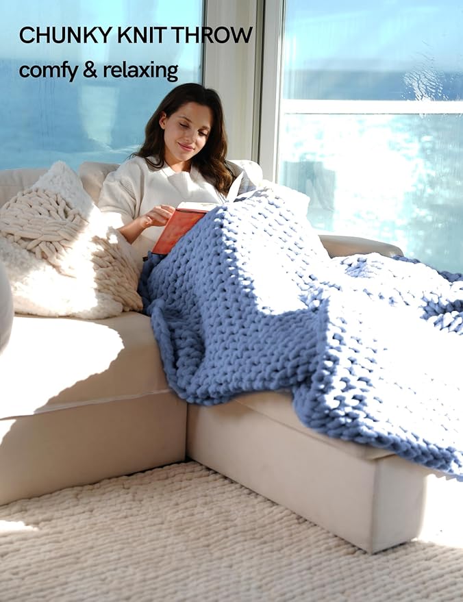 YnM Chunky Throw Blanket, Medium-Weight, Hand Knitted with Chenille Yarn, Skin Friendly, Ventilated and Breathable, Machine Washable, Home Décor Piece for Couch Sofa and Bed (Chambray Blue 60x80 Inch)