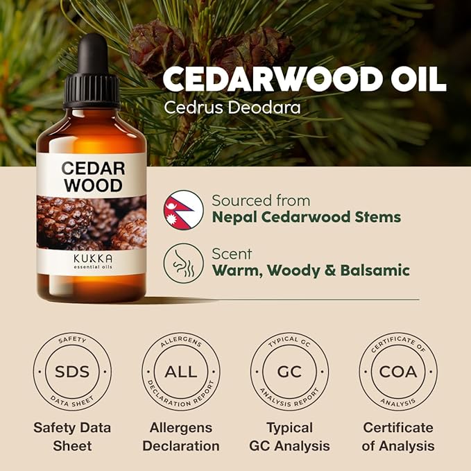 Kukka Cedarwood Essential Oil for Hair Skin & Diffuser - 4 Fl Oz - 100% Natural Cedarwood Oil for Hair Aromatherapy Soap Making Scent
