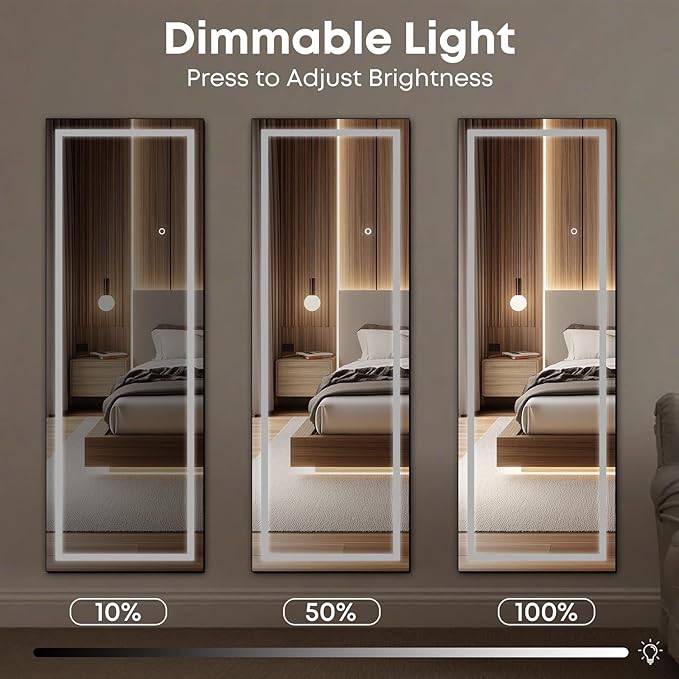 64" x 22" Full Length LED Floor Mirror - Big Wall/Standing Mirror with Lights, Dimmable Touch Screen & Adjustable Color (White/Warm Light), Full Body Mirror for Bedroom, Dressing Room, Vanity, Makeup
