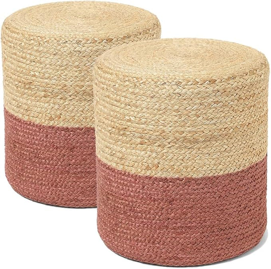 REDEARTH · Cylindrical Pouf Foot Stool Ottoman - Jute Braided Pouffe Poof Accent Sitting Footrest for Living Room, Bedroom, Nursery, Patio, Lounge Set of 2 (Natural Rust, 14.5"x14.5"x16")