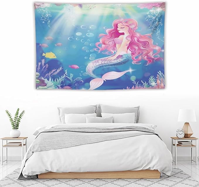 HZOHNAGO Mermaid Girls Tapestry Watercolor Mermaid Princess Pink Hair Pattern for Kids Room Decoration Printed Wall Tapestry Wall Hanging for Bedroom Living Room Dorm 60" W x 40" H