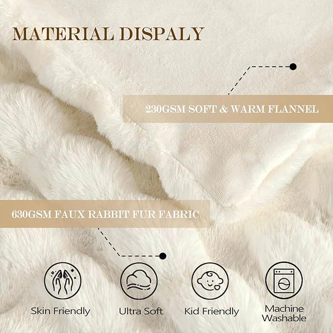Latepis Luxury Queen Faux Fur Throw Blanket Fuzzy for Bed Soft Thick Blanket for Sofa Cute Plush Fuzzy Warm Blankets for All Seasons Ideal Gifts Furry Blankets Beige 90x90 Inch, 860gsm