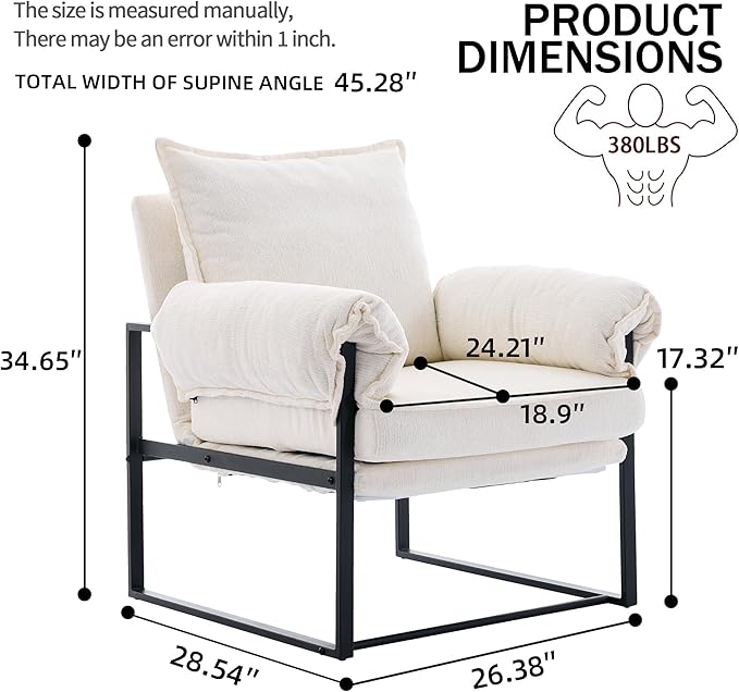YISHENG Accent Chair with 6-Angle Adjustable Backrest, Chenille Fabric Living Room Chair Upholstered Lounge Chair, Modern Chair Cozy Reclining Chair for Reading Room, Set of 2 White