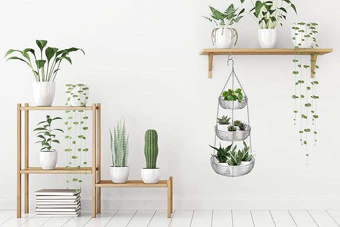 CAXXA 3-Tier Hanging Basket Fruit Organizer Kitchen Heavy Duty Wire Organizer with 2 Free Bonus Metal Ceiling Hooks, Chrome