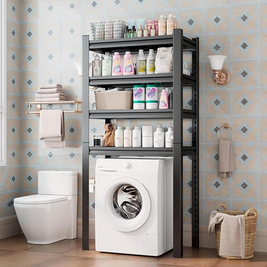 Upgraded Over The Toilet and Washer Storage Shelf,4 Tiers Laundry Room Standing Shelf,Bathroom Storage and Organizer Rack,Laundry Room Space Saver with Adjustable Shelves,39" W x 14" D x 63" H, Black
