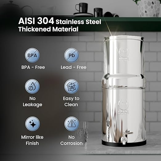 2.25 Gallons NSF Certified AISI 304 Stainless Steel Water Filter with 2 Smart Carbon (Black) Filters, 2 POSTreat Steel Fluoride Removal Elements & Free Stainless Steel Spigot