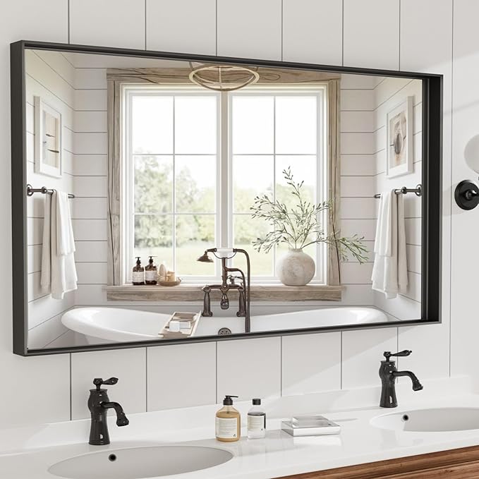 55”x 30” Blak Bathroom Mirrors for Over Sink, Black Framed Vanity Mirror for Bathroom, Shatter Proof, Tempered Glass, Rectangle Wall Mirror Horizontally/Vertically
