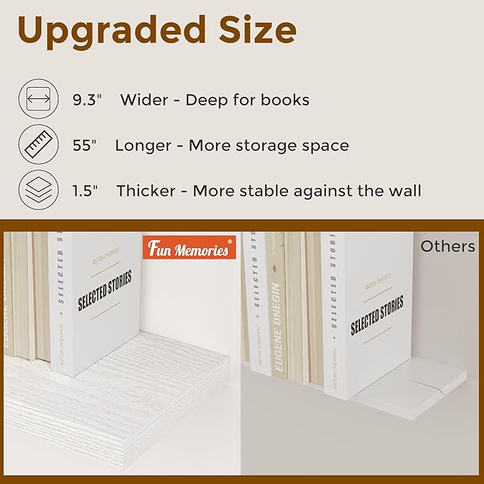 55 Inch Floating Shelves White, Rustic Wood Floating Shelf Wall Mounted, 9 Inch Deep Floating Shelf for Kitchen, Bedroom, 55 x 9 Wall Shelves for Home Storage, Set of 1