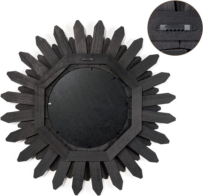 Honiway 21 inch Black Wall Decor Vintage Mirror, Boho Style, Wooden Frame, Easy to Hang, Ideal Gift