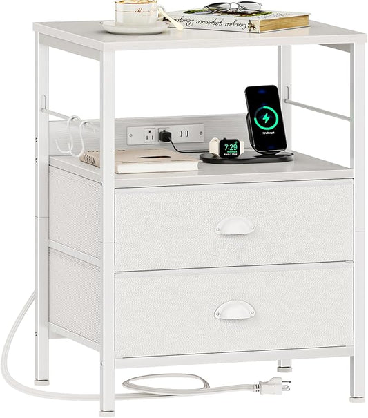Furologee Night Stand with Charging Station, Bedside Table with Fabric Drawers, End Table with USB Ports & Outlets, White Nightstand with Storage Shelf & Hooks, for Living Room/Bedroom, White